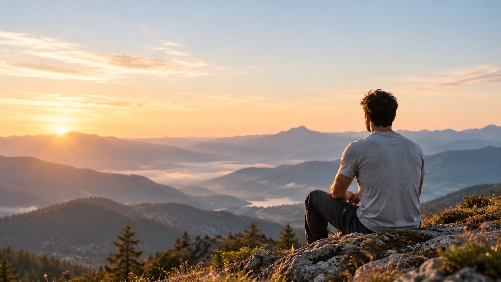 Man practicing body awareness over a mountain landscape