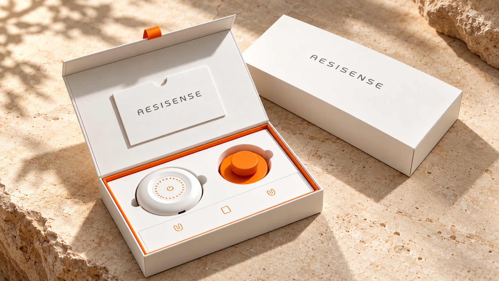AESISENSE wearable health device and accessories on a warm stone surface
